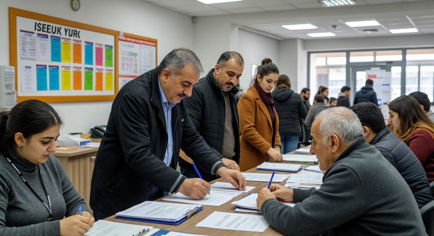 A bustling İŞKUR office in Turkey with a diverse group of hopeful job seekers filling out forms, a friendly officer assisting an elderly man, and a bulletin board displaying colorful job listings.