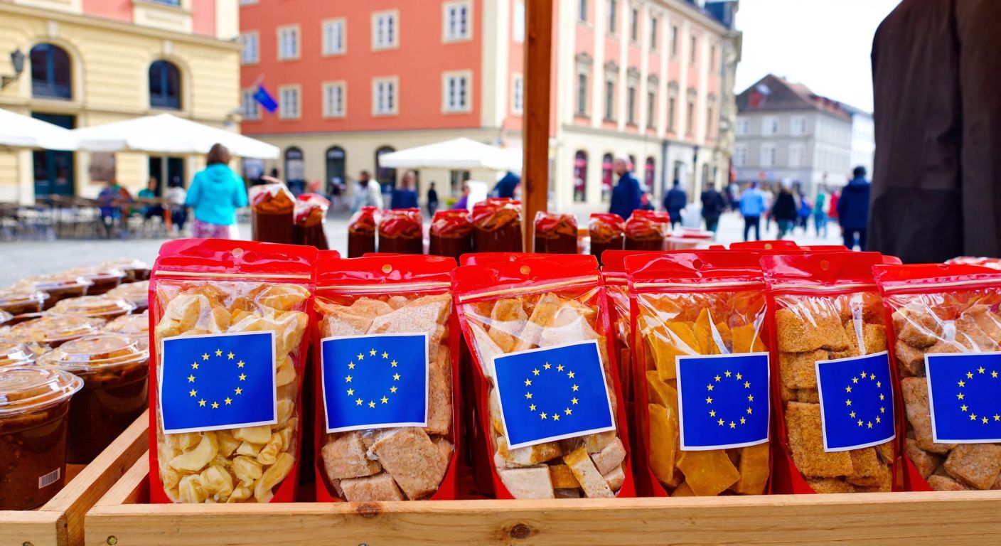 A colorful array of packaged food items with European Union flags on their labels, displayed on a wooden market stall in a bustling European city square.