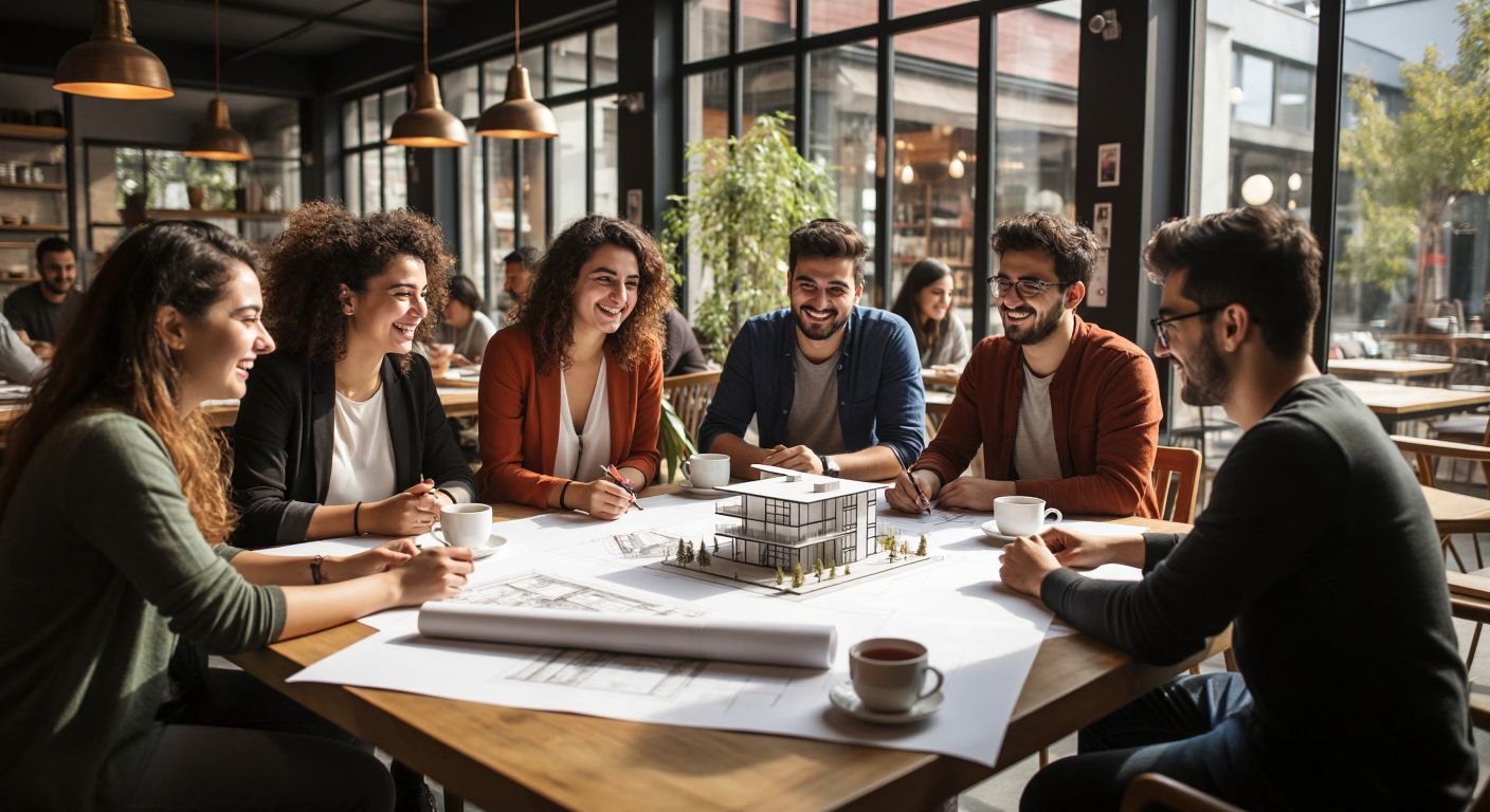 A diverse group of people—architects, students, and enthusiasts—gathered in a modern Turkish café, smiling and discussing blueprints over cups of steaming çay, with architectural sketches and models scattered across the table.