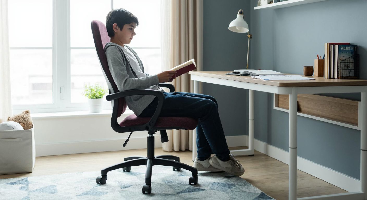 A modern ergonomic study chair with adjustable height and lumbar support, placed in a well-lit Turkish home study corner, where a focused young student sits comfortably with a book and notebook.