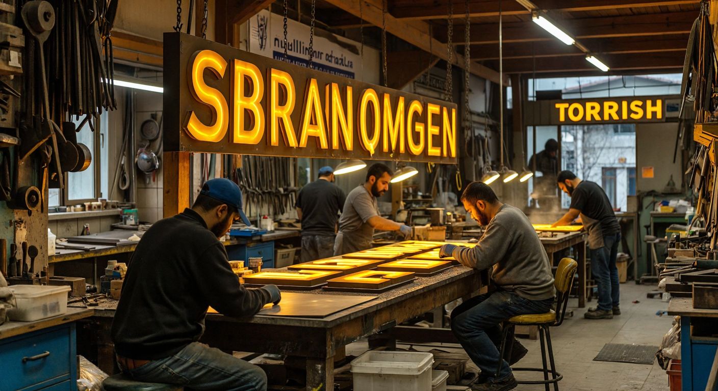 A bustling Turkish workshop with craftsmen meticulously shaping metal sheets into illuminated 3D letters under warm yellow lights, surrounded by tools and half-finished signage.