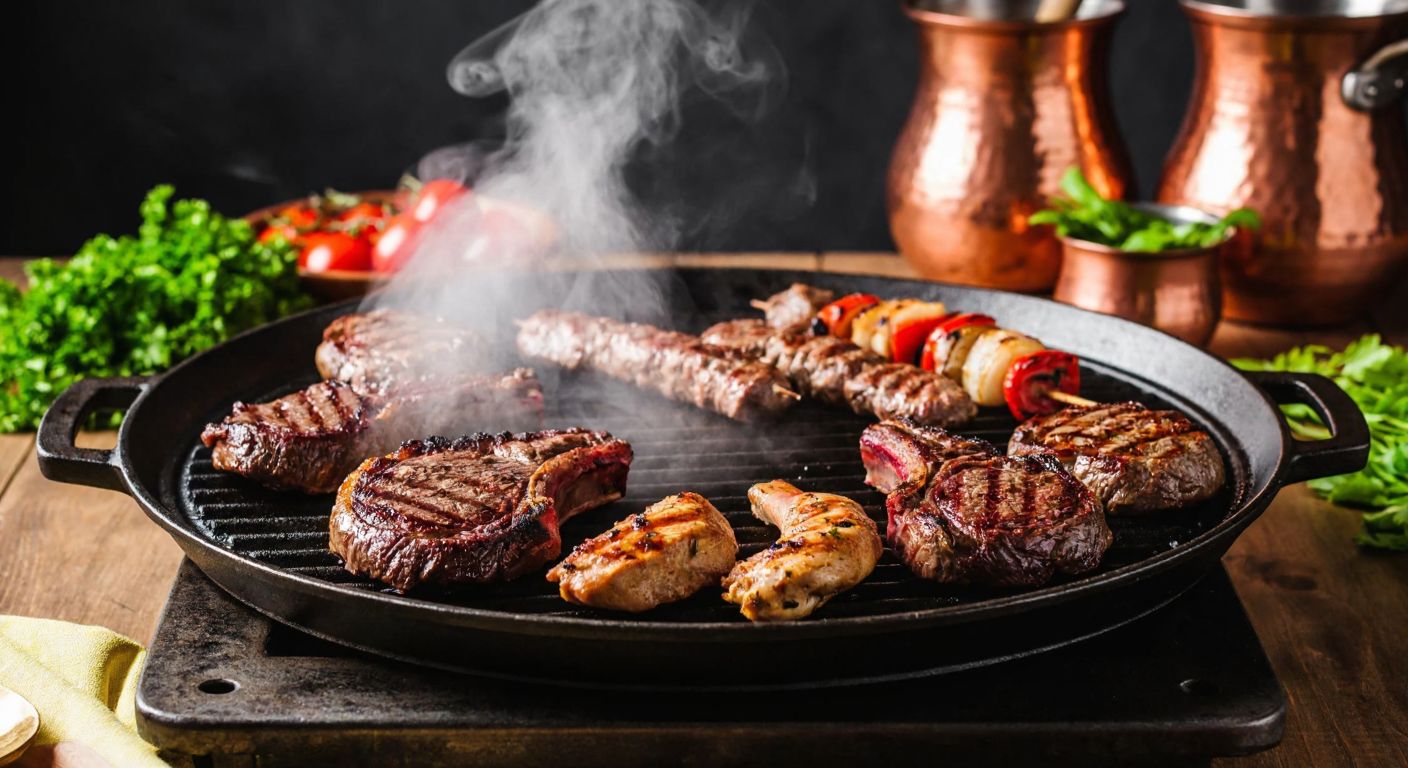 A sizzling cast-iron grill pan filled with juicy cuts of beef steak, lamb chops, and chicken skewers, glowing with heat and releasing aromatic smoke, set against a rustic Turkish kitchen backdrop with copper pots and fresh herbs.