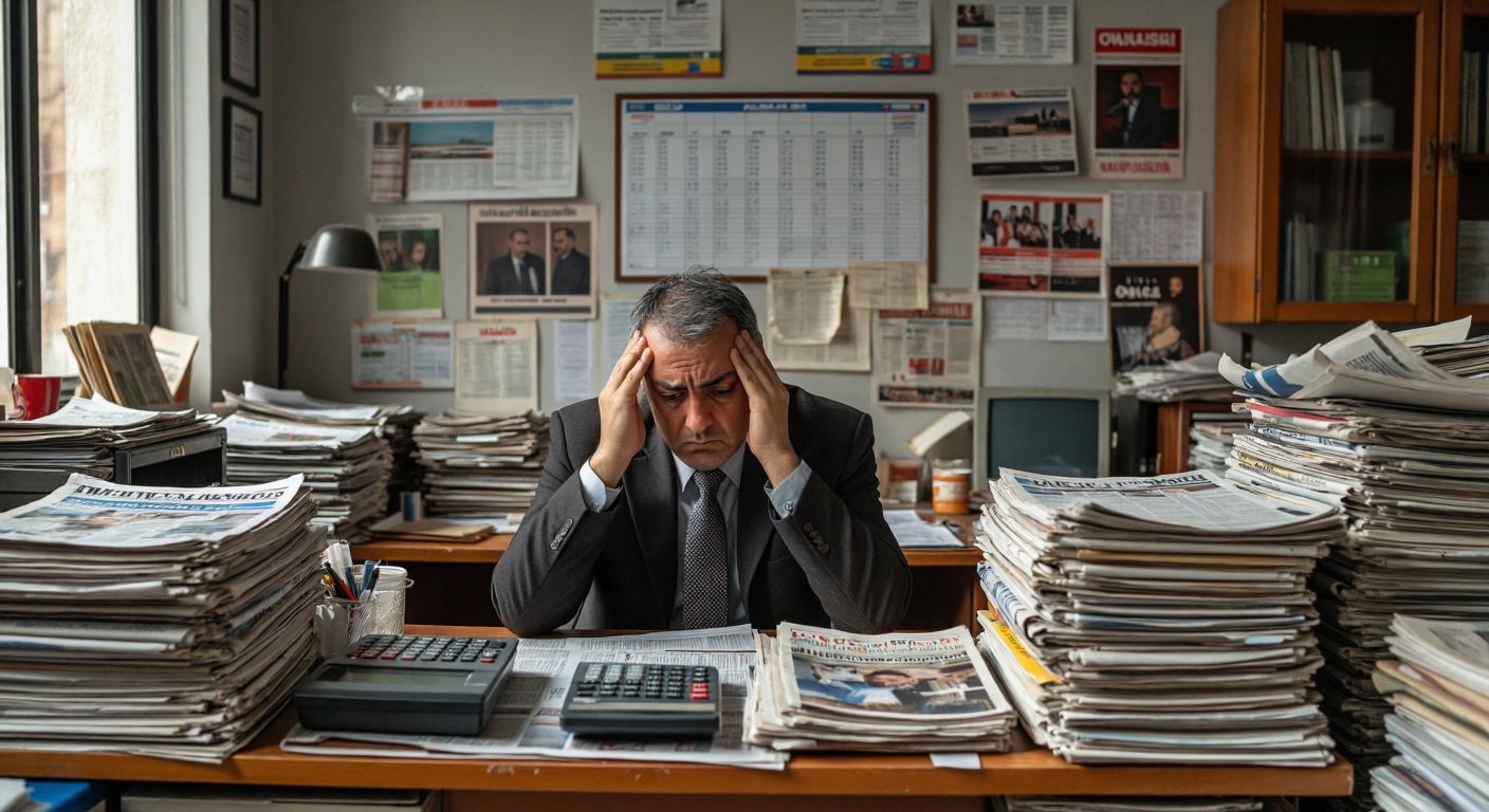 A tired middle-aged journalist in a bustling Turkish newsroom, surrounded by stacks of newspapers and a calculator, rubbing their temples while looking at a calendar pinned to the wall.
