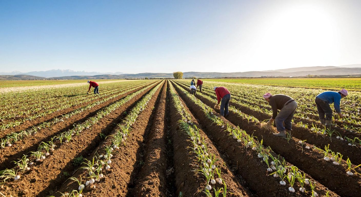 A vast golden field in Taşköprü stretches to the horizon, dotted with farmers in traditional Turkish attire planting rows of garlic under a bright sun.