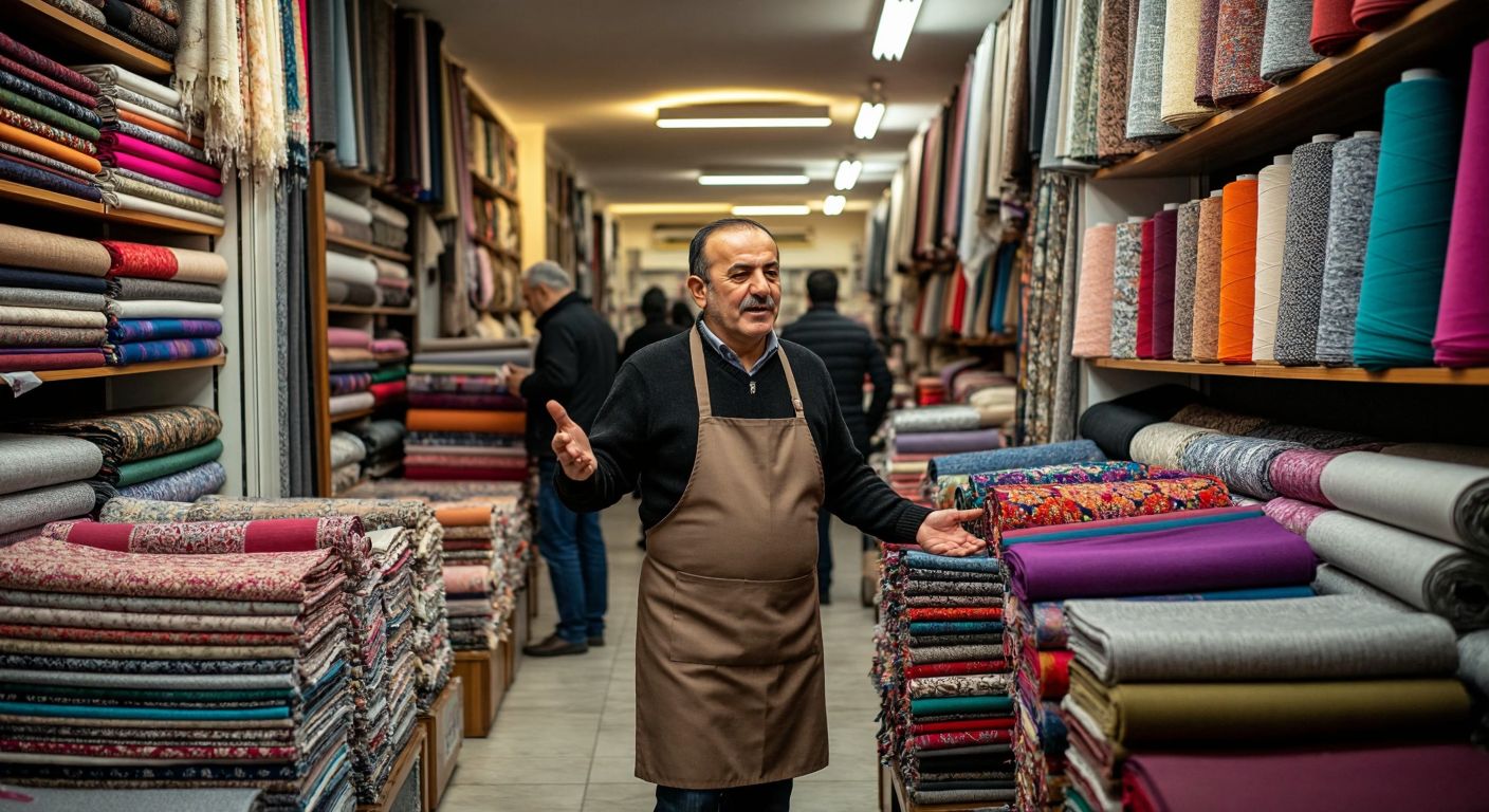 A bustling fabric shop in İnegöl, Bursa, with colorful rolls of textiles stacked high, a middle-aged Turkish shopkeeper in an apron gesturing warmly, and customers examining vibrant fabrics under warm indoor lighting.