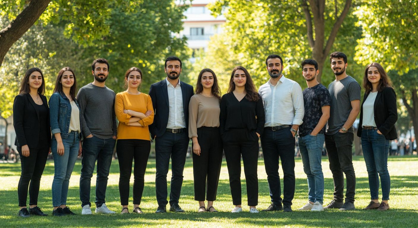 A diverse group of Turkish people from different generations—serious middle-aged adults (X), confident young professionals (Y), and energetic teenagers (Z)—standing together in a sunlit park, each subtly reflecting their era through clothing and posture.