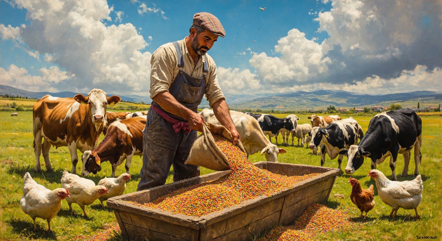 A Turkish farmer in a sunlit field, wearing a traditional flat cap and overalls, pouring colorful animal feed from a large sack into a trough surrounded by cows, sheep, and chickens.
