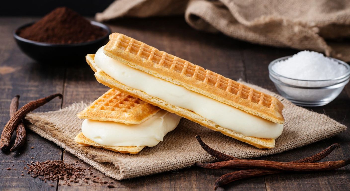 A golden-brown wafer filled with creamy white chocolate, surrounded by scattered ingredients like cocoa powder, vanilla pods, and a small bowl of sugar on a rustic wooden table in a Turkish kitchen.