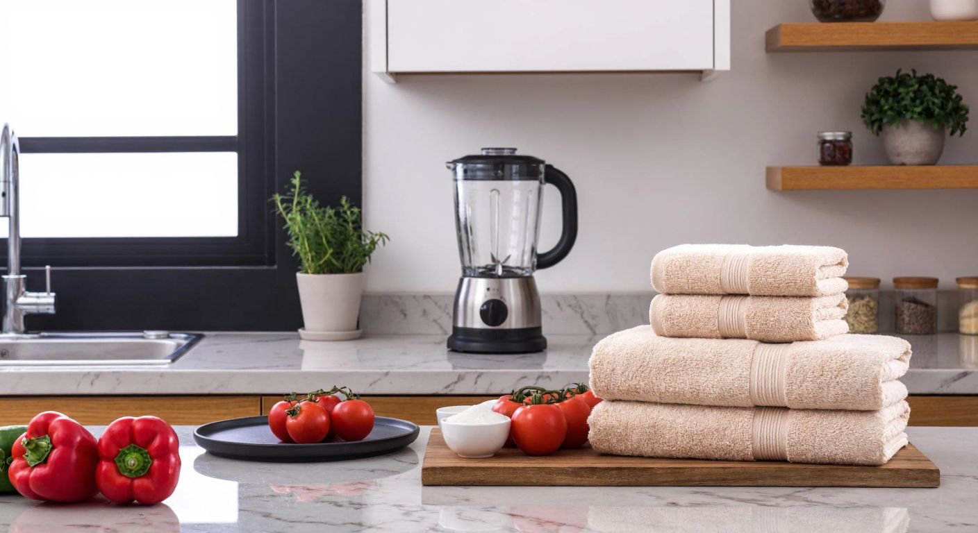 A modern Turkish kitchen with a Schafer blender smoothly pureeing vibrant red peppers and tomatoes on a marble countertop, while neatly folded soft beige Schafer Veluro bathroom towels sit stacked on a wooden shelf nearby.