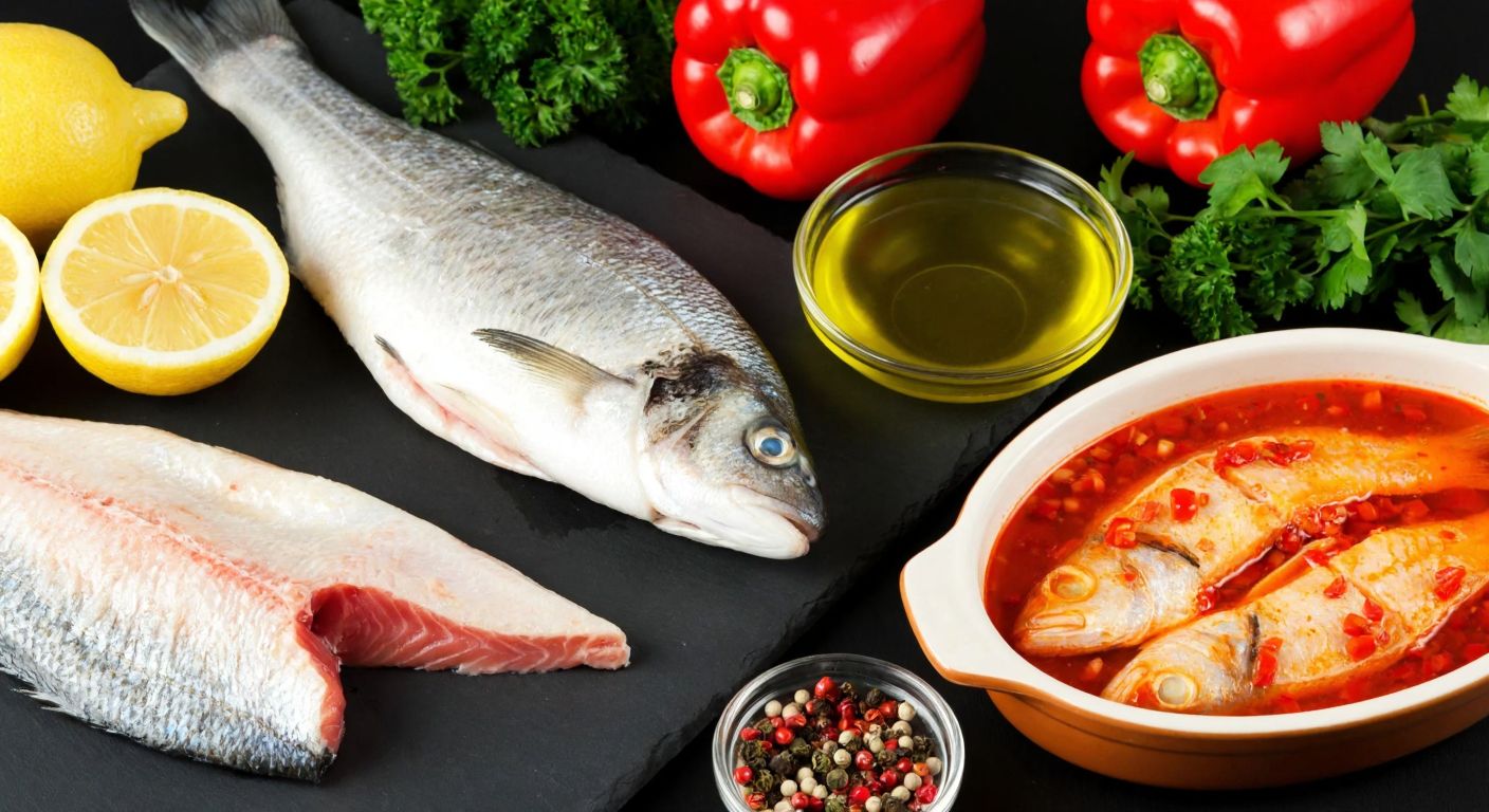 A vibrant Turkish kitchen counter displays fresh sea bass fillets, sliced lemons, olive oil in a small bowl, minced garlic, parsley, and red pepper flakes arranged neatly beside a ceramic dish of marinated fish, evoking a warm, inviting culinary scene.