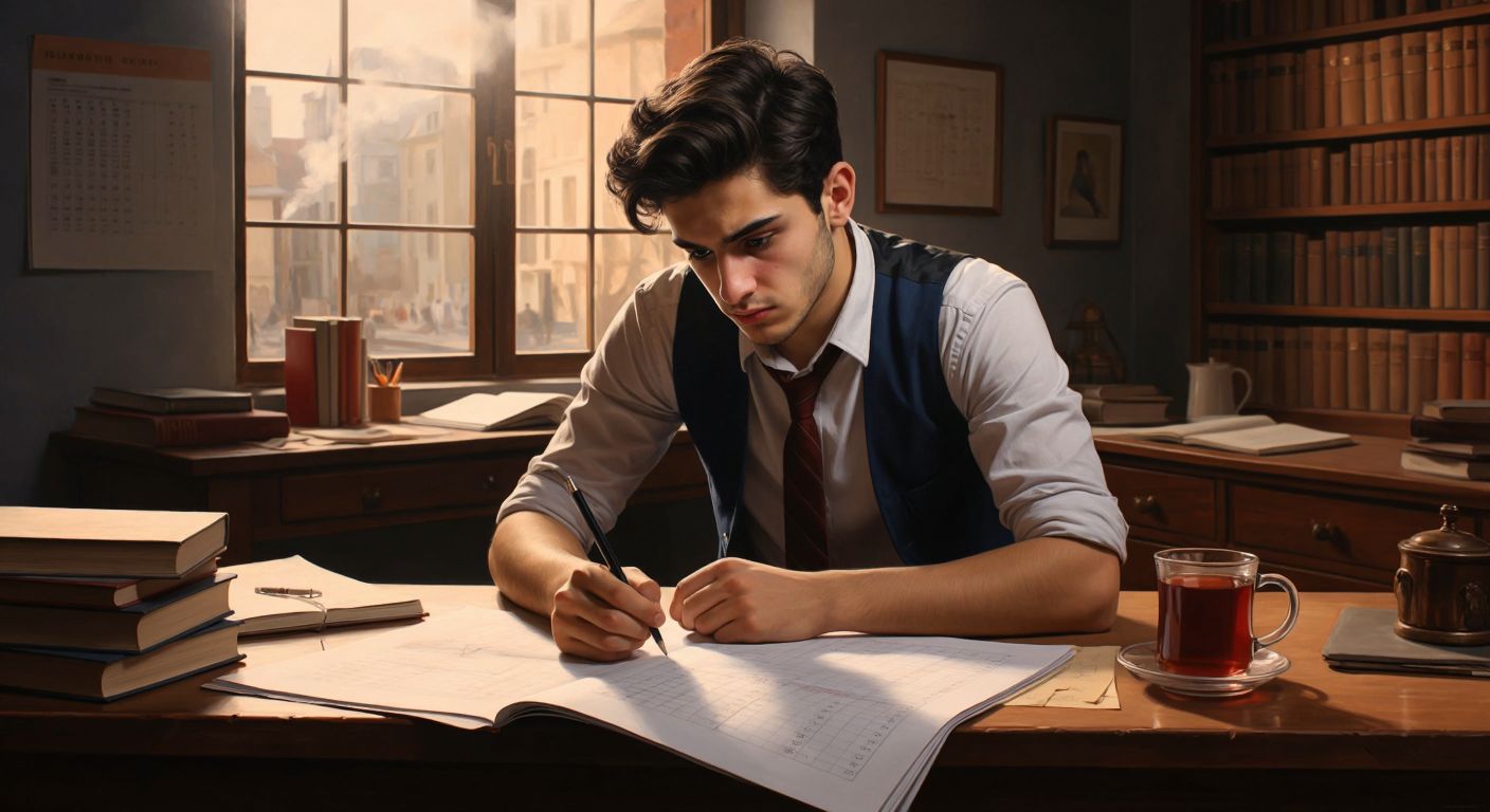 A young Turkish student in a neat shirt sits at a wooden desk, nervously clutching a pen while staring at a blank calendar page marked with faint December dates, surrounded by scattered study notes and a steaming cup of Turkish tea.