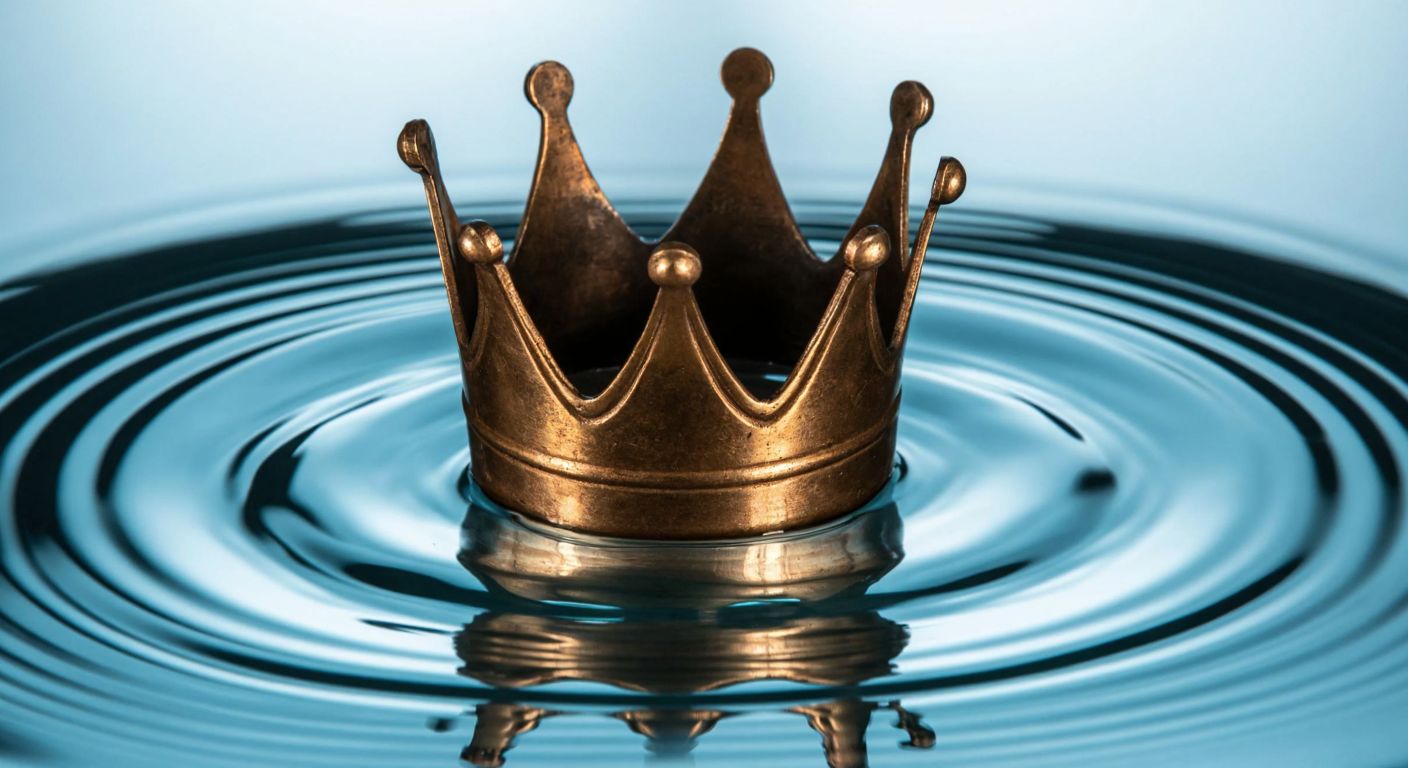 A bronze crown submerged in a glass of water, with ripples radiating outward, symbolizing Archimedes' principle of buoyancy.