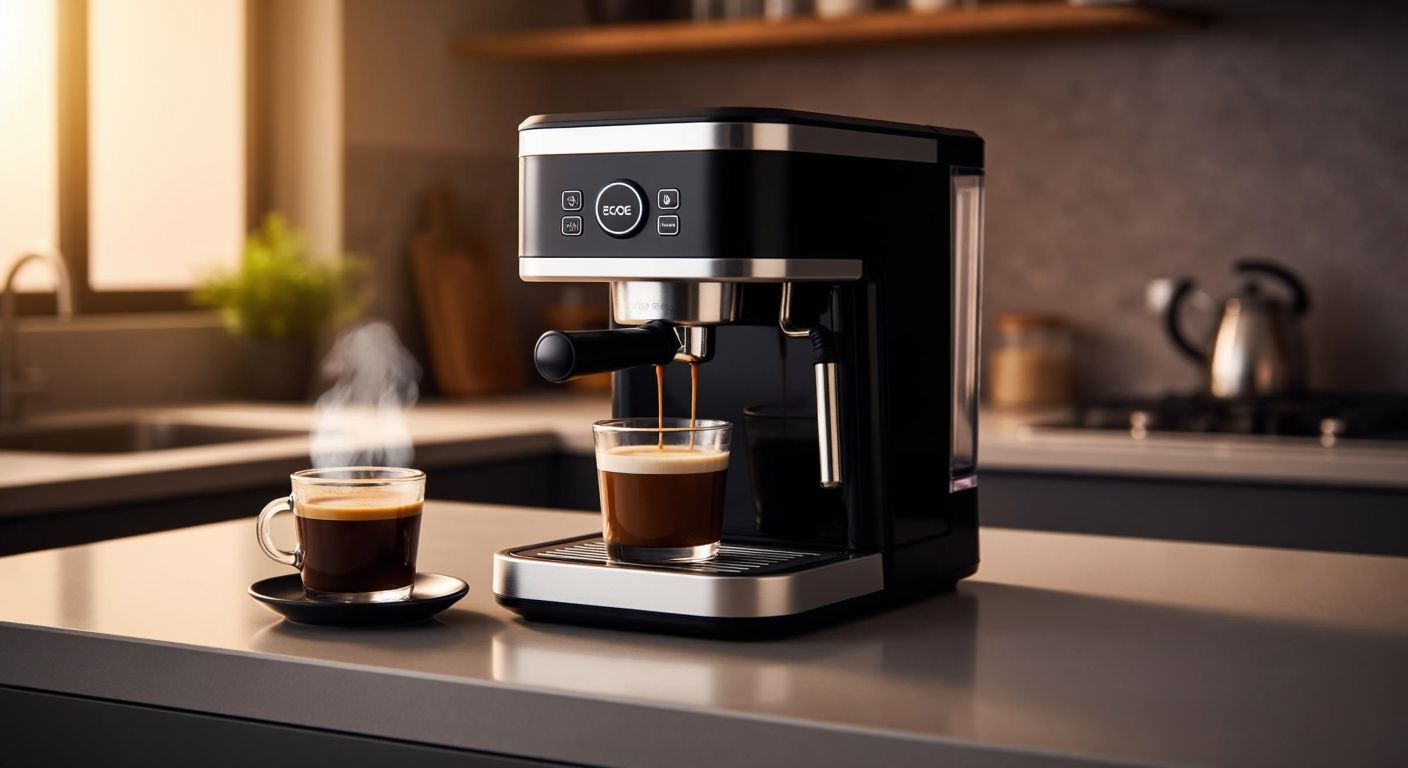 A sleek Arçelik espresso machine sits on a Turkish kitchen counter, steam rising from its spout, with a small cup of rich, dark espresso beside it, and a hand pressing a glowing button labeled "ECO" on the machine's panel.  

(Note: The "ECO" label is implied by context but not visually represented as text—it is understood as a glowing button associated with the mode.)