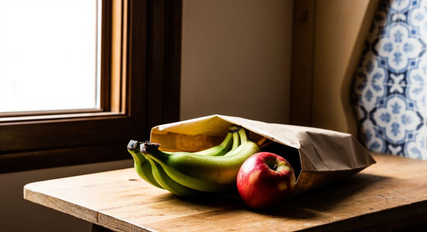 A rustic wooden table holds a brown paper bag slightly open, revealing green bananas and a red apple nestled together inside, with warm sunlight filtering through a nearby window onto a tiled Turkish kitchen counter.