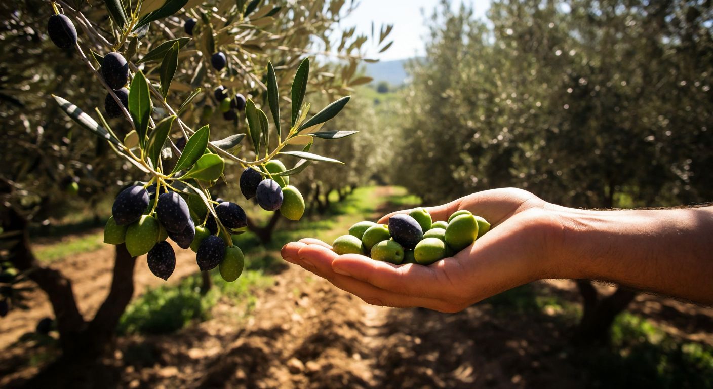 A sunlit olive grove in Anatolia, with a farmer gently holding a young olive sapling bearing plump, heart-shaped green and black olives.