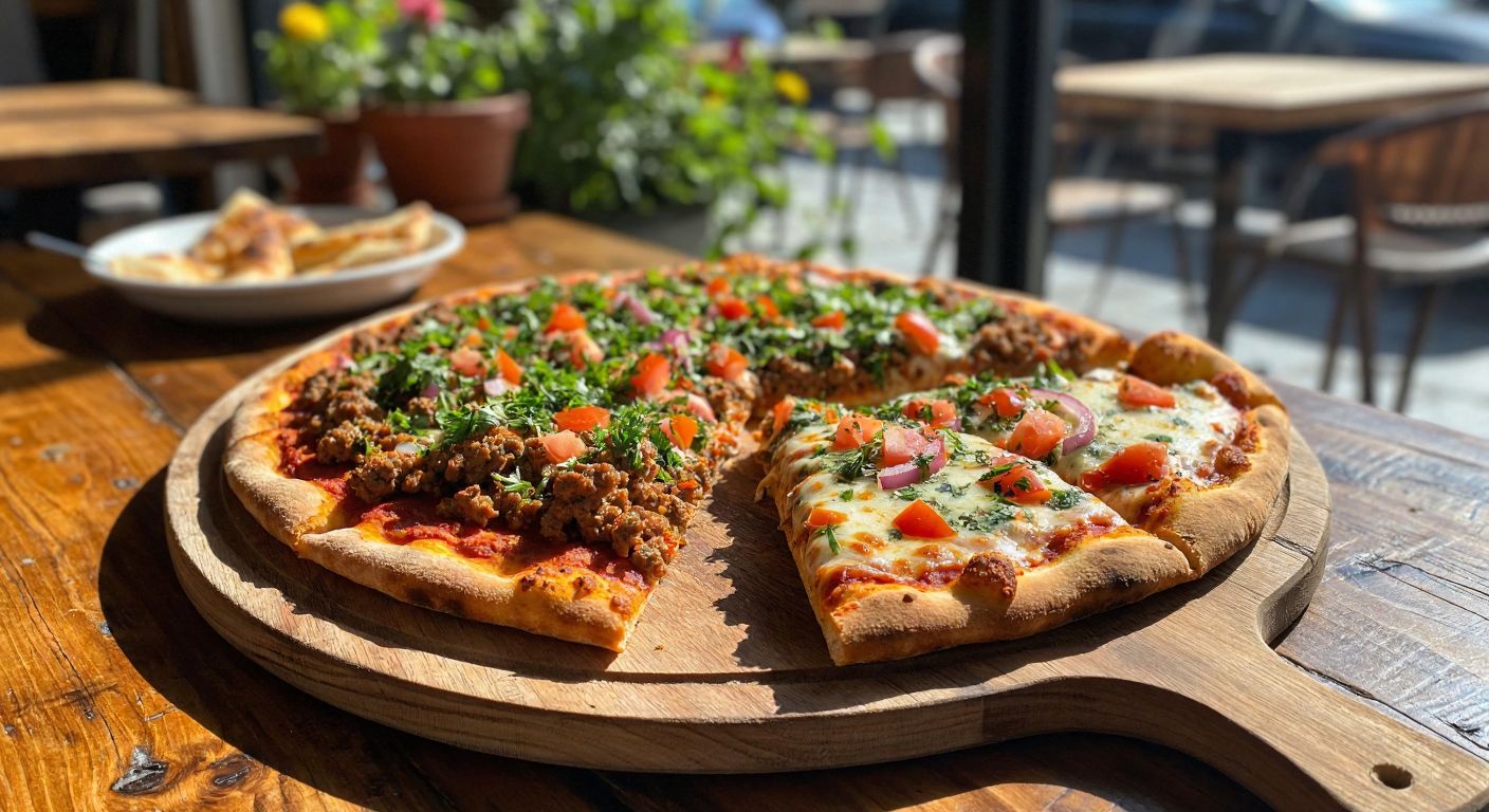 A golden-brown lahmacun topped with minced meat, fresh herbs, and diced vegetables sits beside a slice of pizza with melted cheese and colorful toppings, both placed on a rustic wooden table in a sunlit Turkish kitchen.