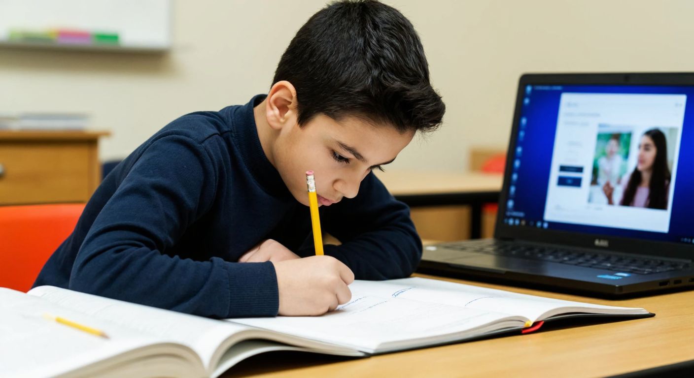 A focused Turkish middle school student in a classroom, solving math problems on a worksheet with a pencil, surrounded by open textbooks and a laptop displaying educational videos.