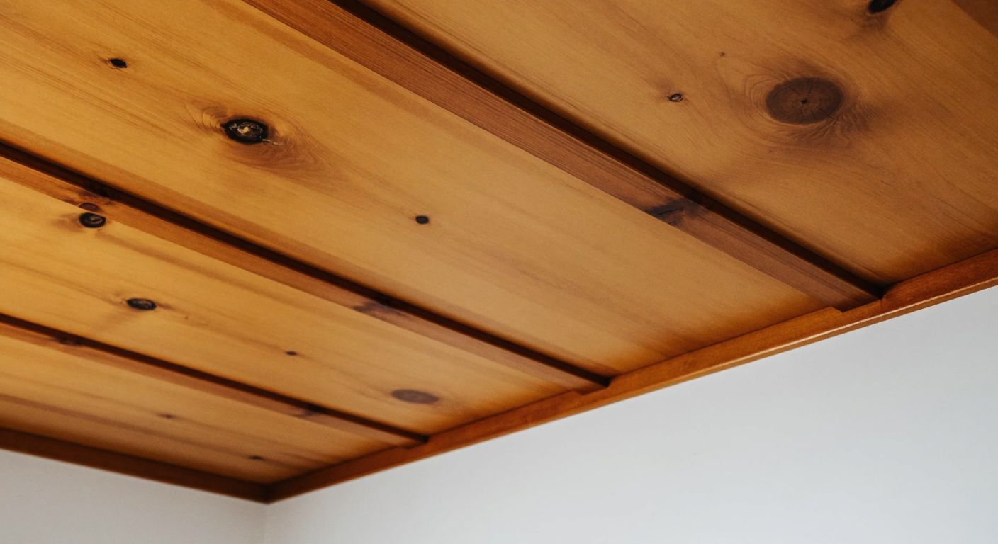 A close-up of a wooden ceiling panel (lambri) with visible moisture damage—warped edges and dark spots—contrasted with a sleek, intact PVC panel in a modern Turkish bathroom setting.