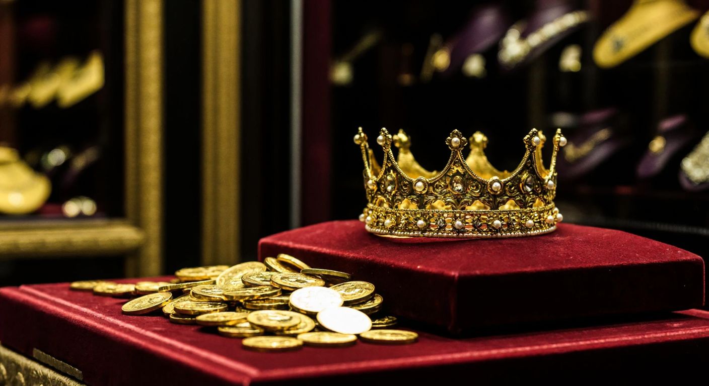 A gleaming gold crown resting on a velvet cushion beside small gold coins of varying sizes, with warm light reflecting off their polished surfaces in a traditional Turkish jewelry shop.