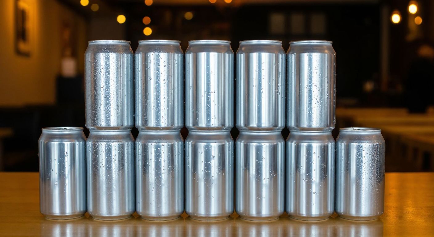 A stack of twelve shiny silver Sarıyer cola cans (330ml each) neatly arranged on a wooden table in a Turkish café, with condensation glistening on the cold metal surfaces.
