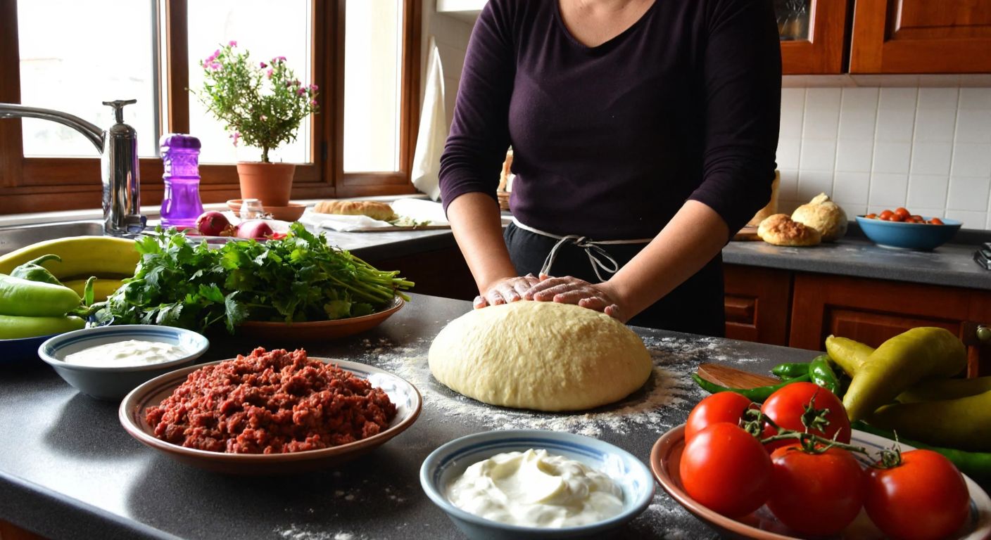 A warm Turkish kitchen with a woman kneading soft dough on a flour-dusted counter, surrounded by bowls of minced meat, yogurt, and fresh vegetables, while golden *kıymalı kömbe* bakes in the oven.