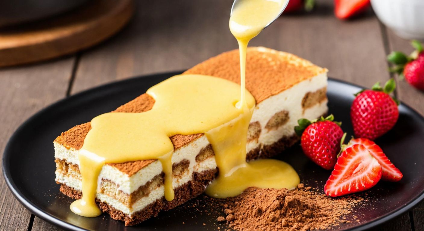 A golden, creamy sabayon sauce drizzled over a slice of tiramisu, with fresh strawberries and a dusting of cocoa powder beside it, set on a rustic wooden table in a cozy Turkish kitchen.