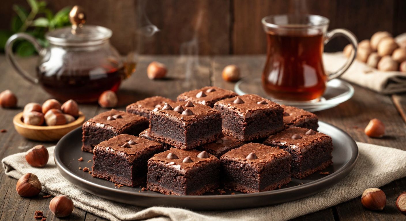 A warm, inviting Turkish kitchen table with a plate of Eti Browni Classic, Fındıklı, and Intense brownies arranged neatly, their rich chocolate textures glistening under soft light, surrounded by scattered hazelnuts and a steaming cup of Turkish tea.