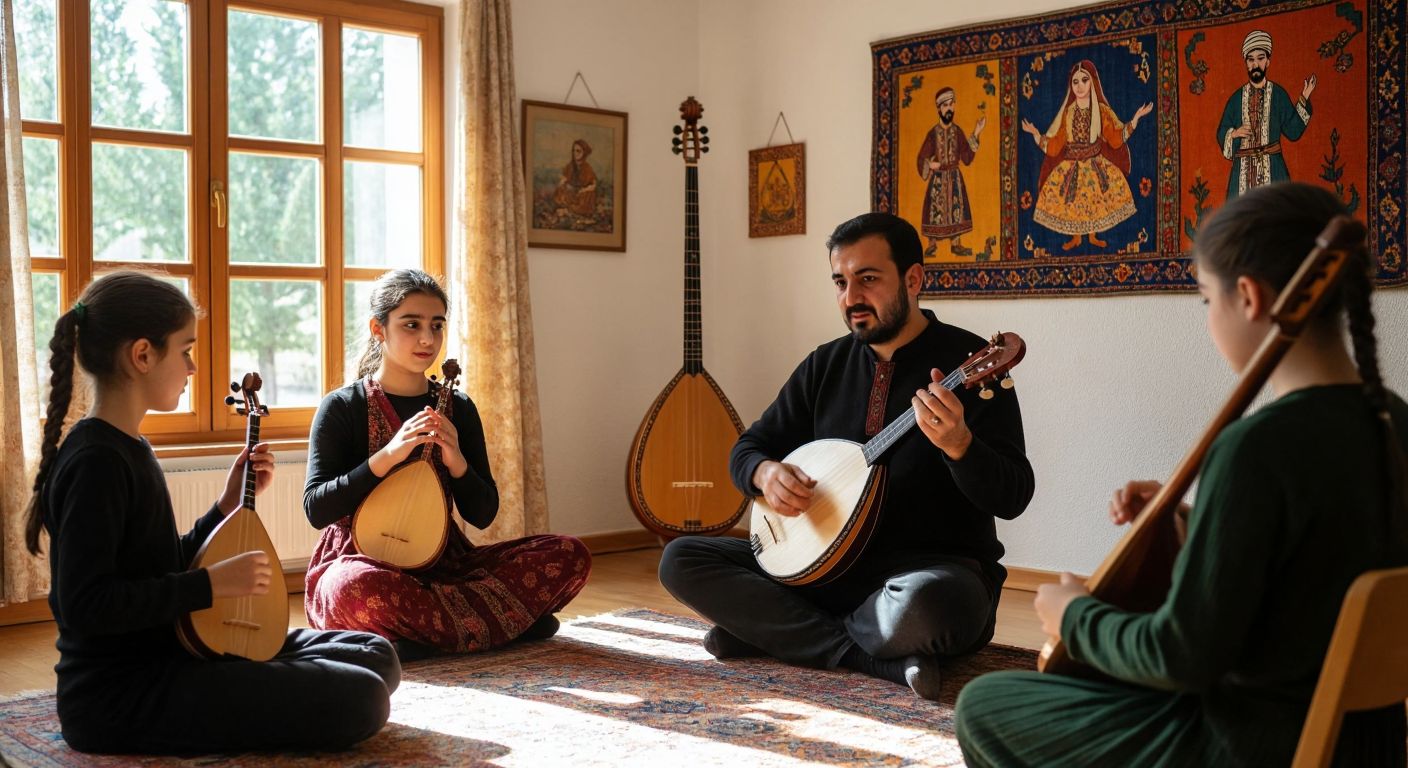 A Turkish music teacher demonstrates sound waves with hand gestures while a student listens intently, surrounded by traditional instruments like a bağlama and a ney, in a sunlit classroom with Anatolian motifs on the walls.