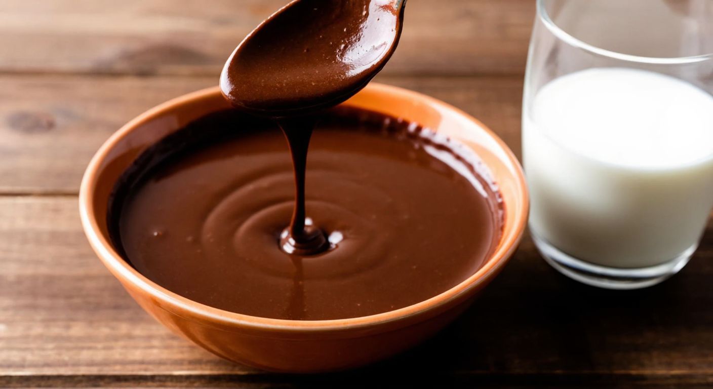 A close-up of a rich, glossy chocolate sauce drizzling over a spoon, with a glass of fresh milk beside it on a rustic wooden table in a Turkish kitchen.