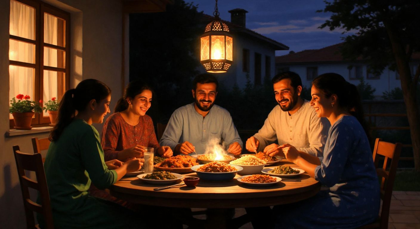 A warm Turkish family gathered around a wooden dining table at dusk, sharing a meal of steaming dishes like *kuru fasulye* and *pilav*, with soft light from a hanging lantern casting cozy shadows on their smiling faces.