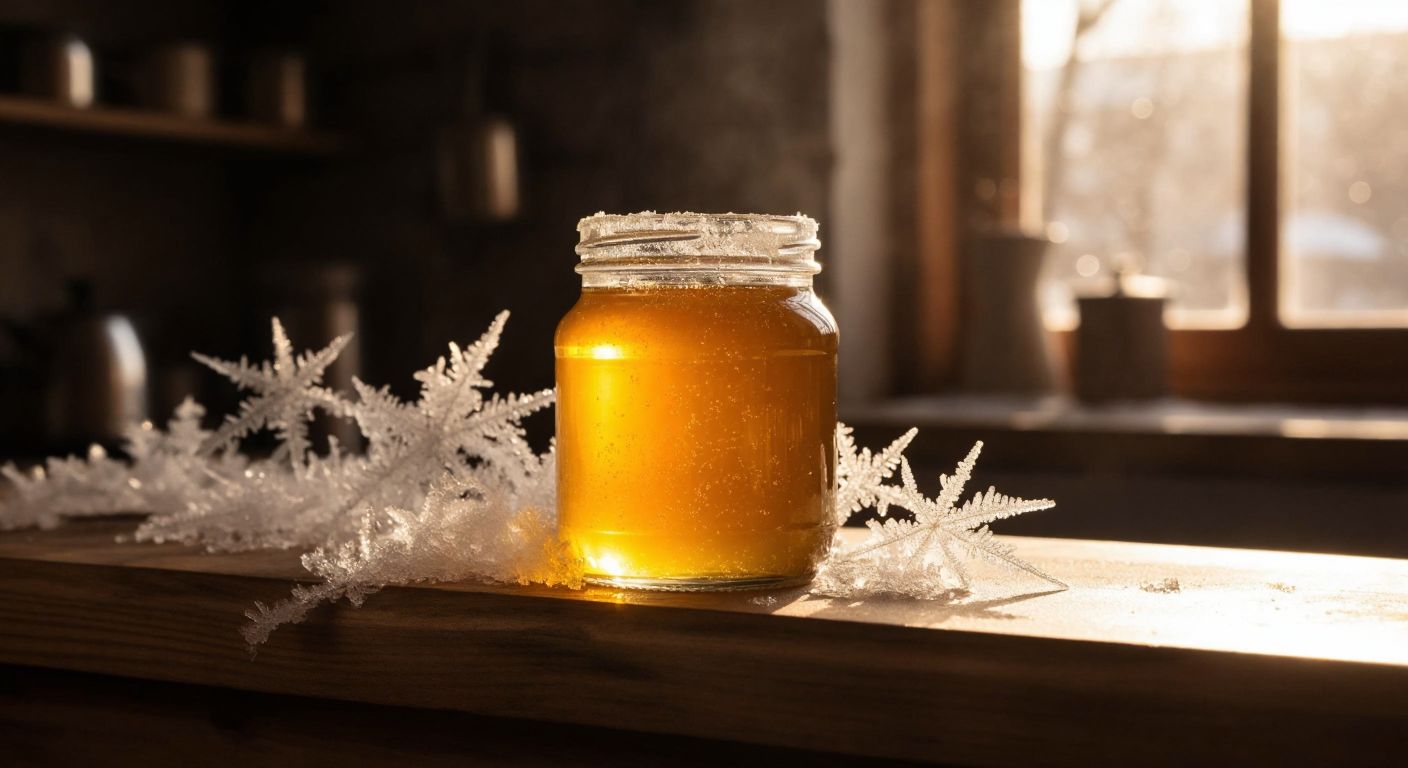 A golden jar of honey placed on a wooden table in a warm Turkish kitchen, with delicate frost crystals forming around its edges as the temperature drops.