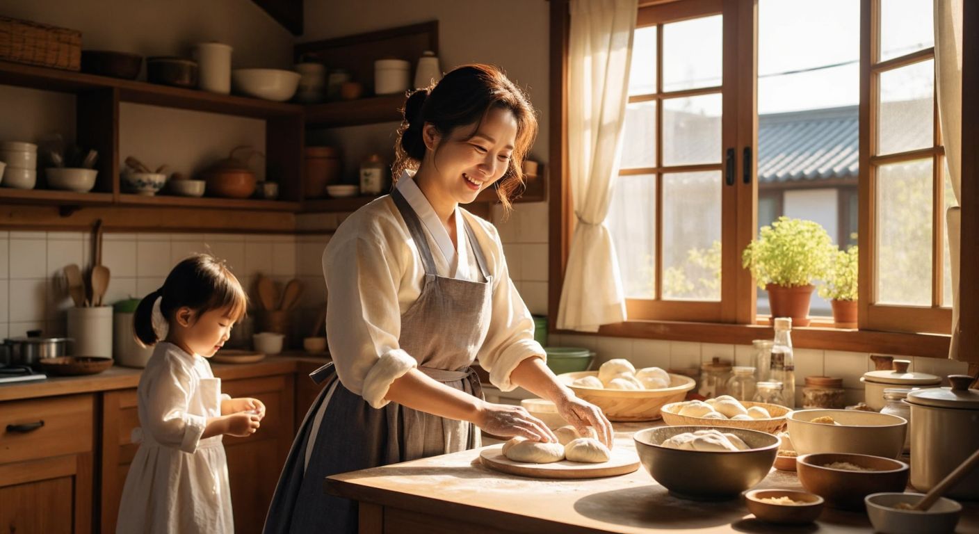A South Korean homemaker in a tidy hanbok smiles warmly while kneading dough in a sunlit kitchen, with a child playing nearby and freshly cleaned surfaces reflecting the morning light.