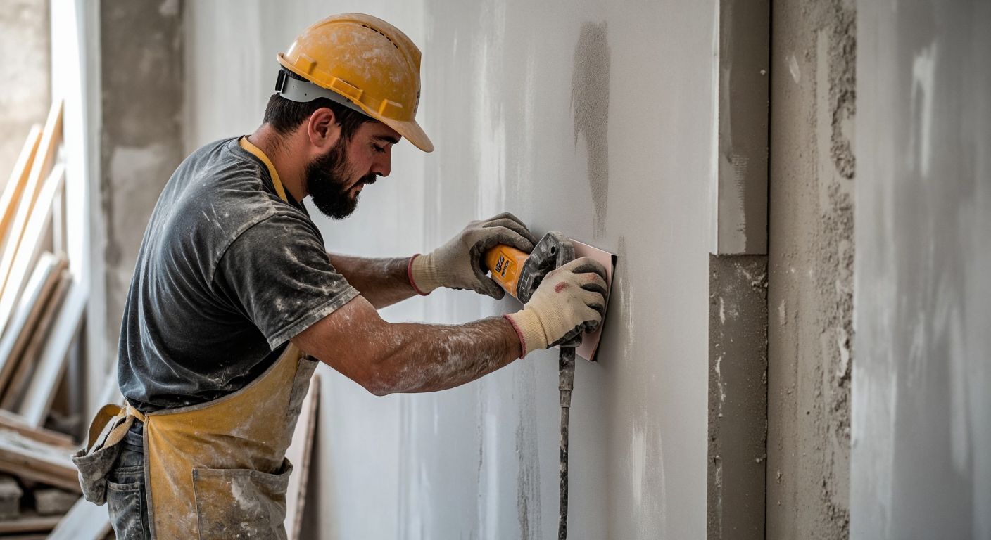 A construction worker in Turkey, wearing a dusty apron and gloves, carefully smooths the rough edges of a drywall panel with a sanding tool, surrounded by scattered plaster dust and a half-finished wall.