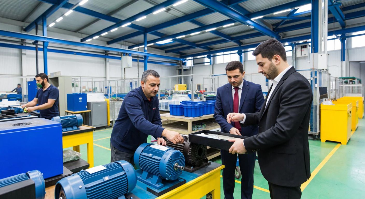 A modern industrial factory in Turkey with workers assembling electric motors, overseen by two professional men in suits representing the company's leadership.