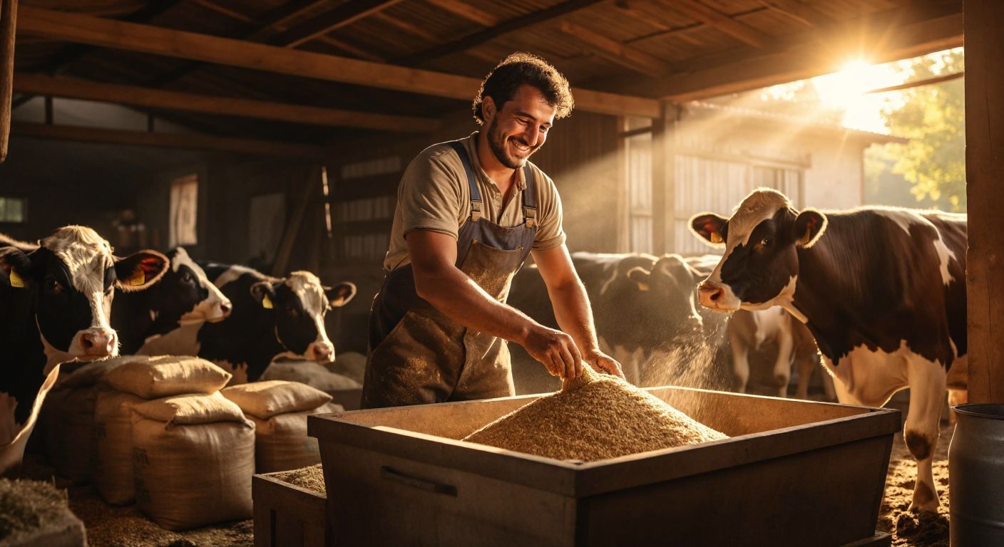 A content Turkish farmer in overalls smiles while pouring smart feed into a trough for healthy cows in a sunlit rural barn, with sacks of feed stacked neatly nearby.