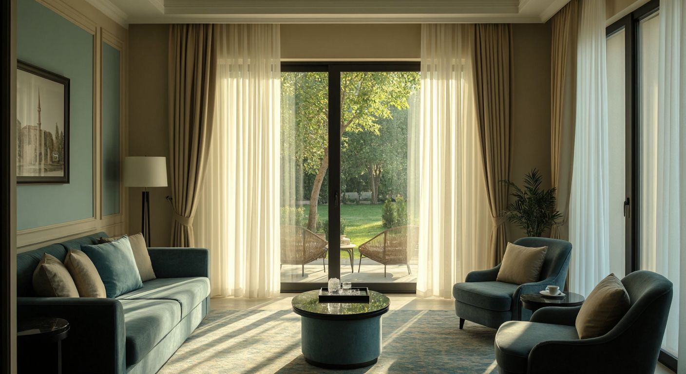 A serene Turkish hotel room with soft beige walls, light blue accents, and dark charcoal furniture, bathed in warm sunlight filtering through sheer curtains.
