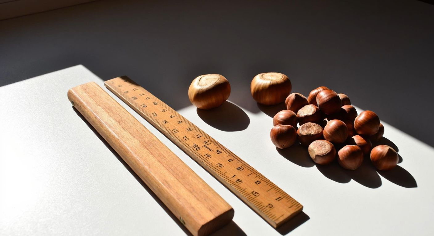 A wooden ruler lies on a sunlit table next to a measuring tape, with a small pile of hazelnuts beside them, evoking a sense of practical measurement in a Turkish setting.