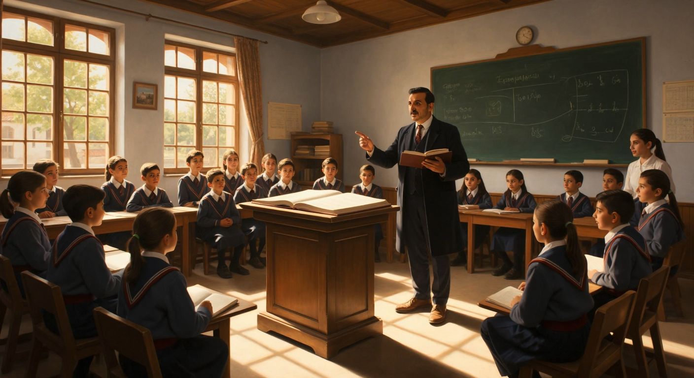 A wooden lectern in a sunlit Turkish classroom holds an open book, surrounded by eager students in uniforms listening intently as a teacher gestures toward a chalkboard filled with diagrams.