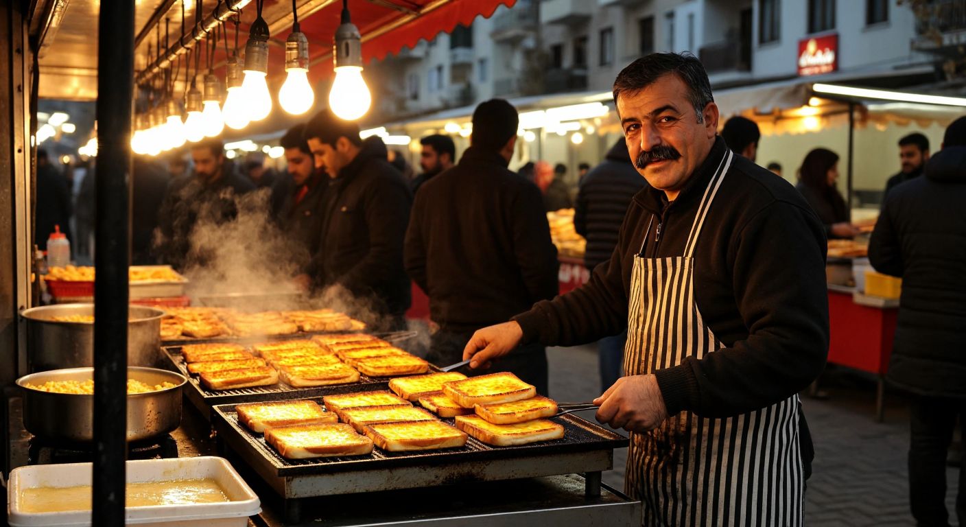 A bustling street food stall in Malatya with a mustachioed vendor grilling golden, cheese-filled toasts over a hot griddle, surrounded by eager customers under warm evening lights.