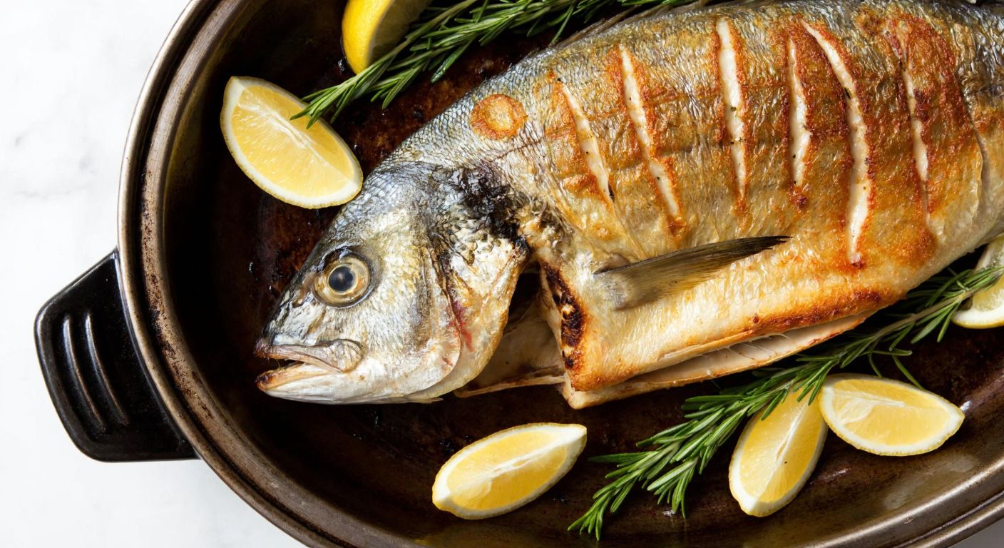 A golden-brown palamut fish sizzling in a traditional Turkish oven, its flaky edges slightly falling apart, surrounded by fresh lemon slices and sprigs of rosemary on a rustic ceramic tray.