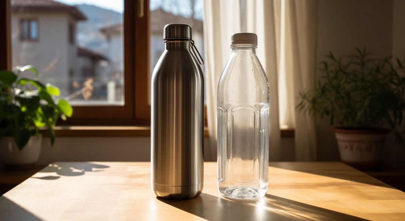 A sturdy stainless steel water bottle and a plastic one sit side by side on a sunlit wooden table in a Turkish home, with a worn-out plastic bottle showing slight cracks while the steel one remains polished and intact.