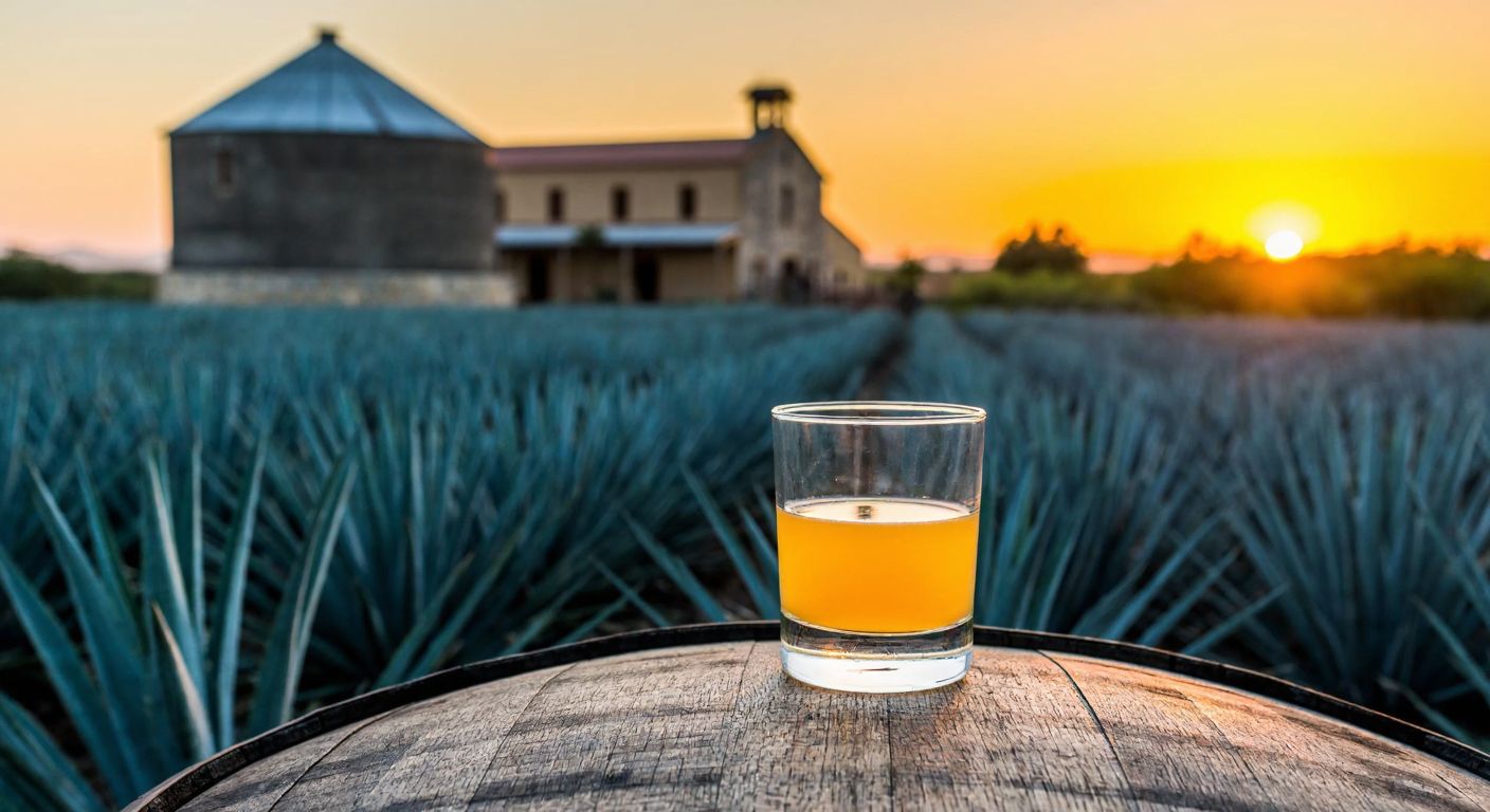 A vibrant blue agave field under a golden Mexican sunset, with a rustic distillery in the background and a clear glass of amber tequila resting on a wooden barrel.
