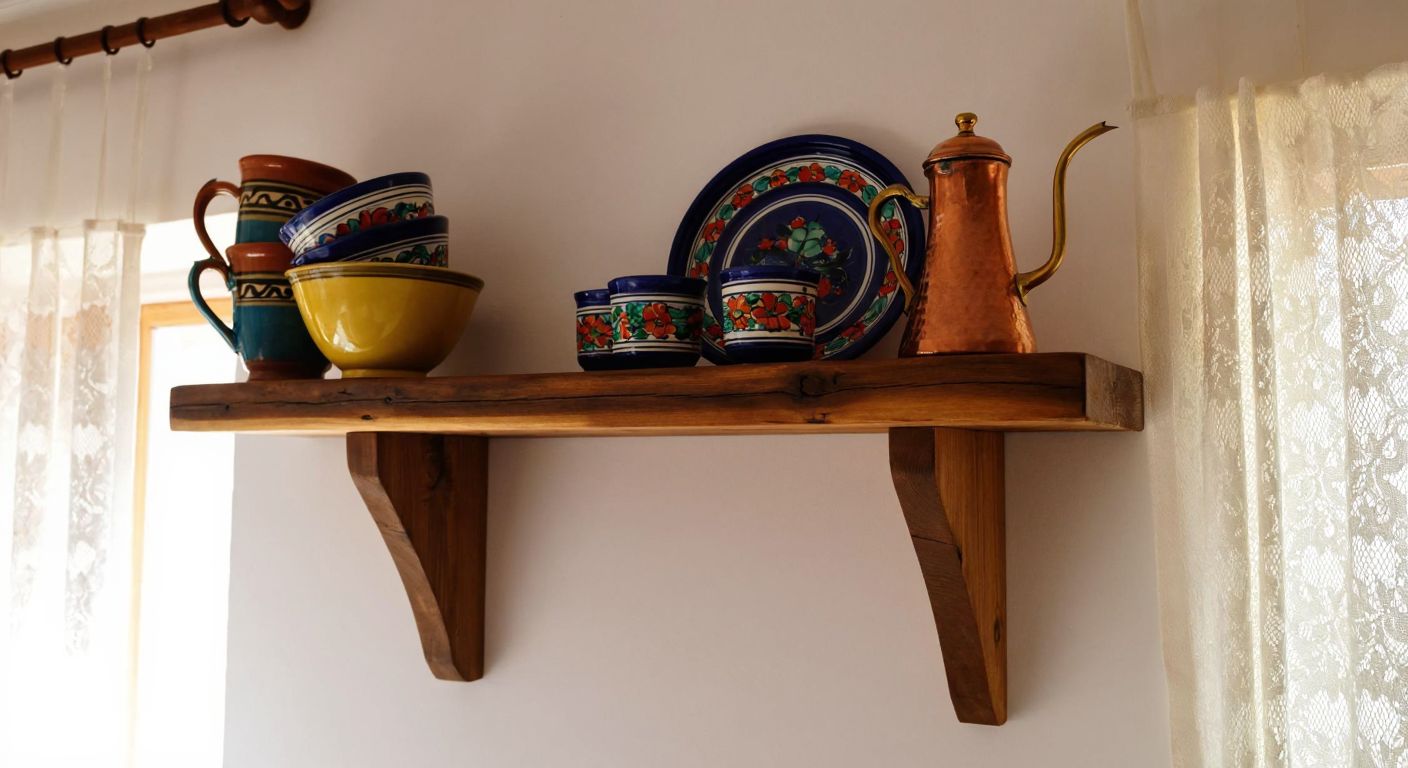 A sturdy wooden shelf, 5 cm thick, mounted on a white wall in a Turkish home, holding colorful ceramic dishes and a copper coffee pot, with sunlight streaming through lace curtains.