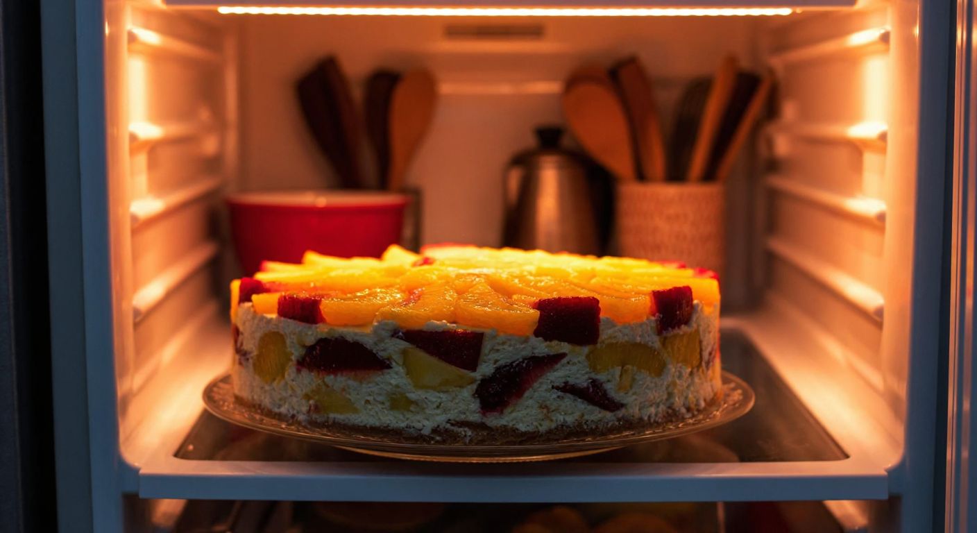 A vibrant, creamy Turkish sıvamalı cake with fresh fruit slices, resting on a glass plate inside a refrigerator, surrounded by a cozy kitchen setting with warm lighting.