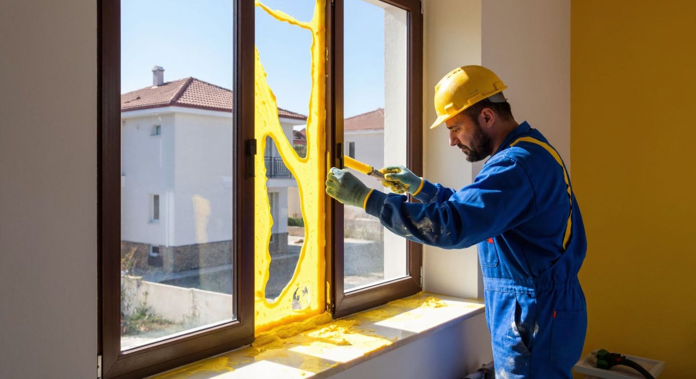 A construction worker in a blue jumpsuit carefully painting a freshly dried, yellow polyurethane foam sealant on a window frame in a sunlit Turkish home.