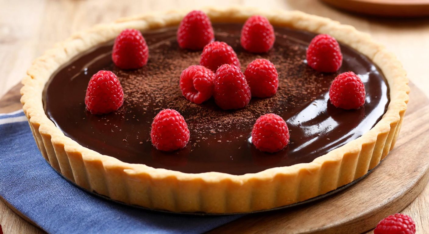 A golden-brown tart crust filled with rich, glossy chocolate ganache, topped with fresh raspberries and a dusting of powdered cocoa, placed on a rustic wooden table in a cozy Turkish kitchen.