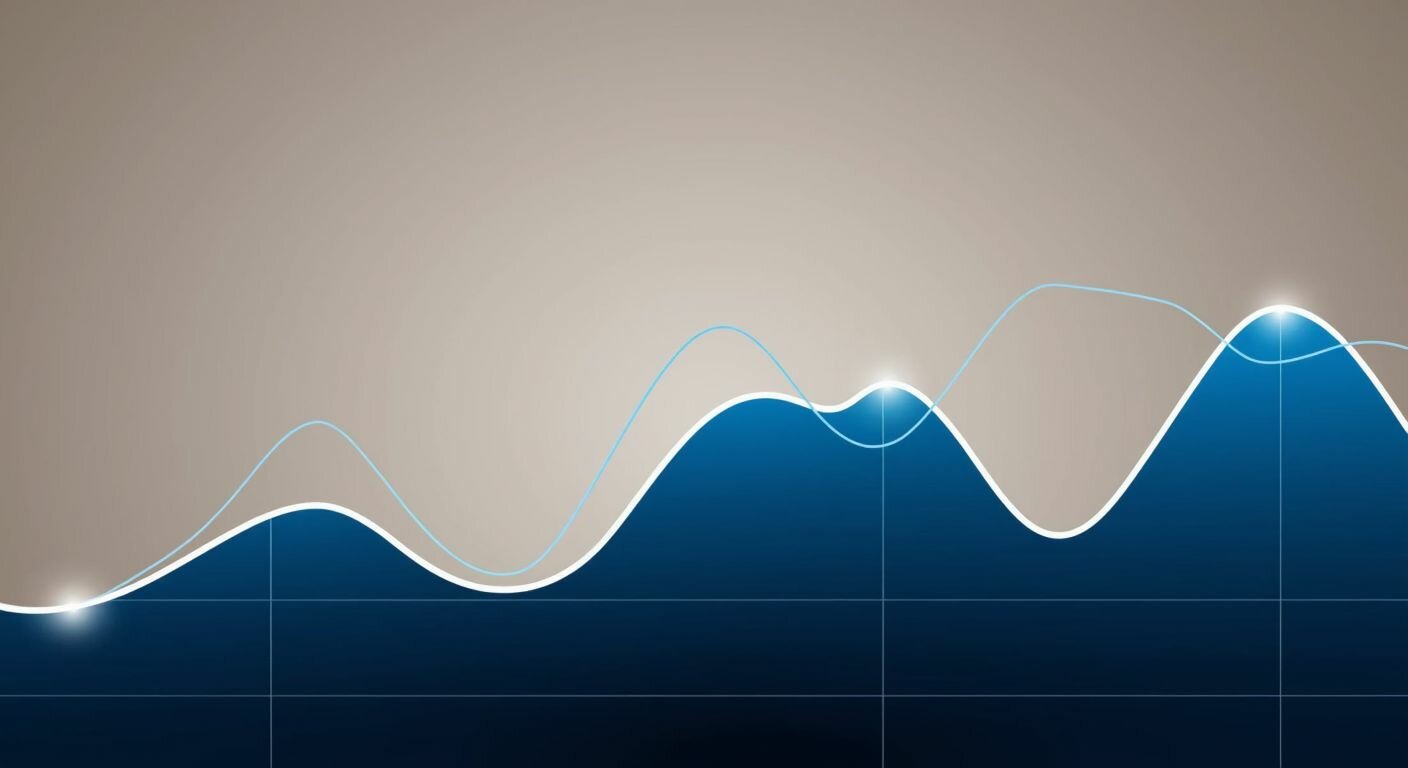 A graph with five ascending waves in a zigzag pattern, followed by three descending waves, set against a neutral background to represent financial market trends.