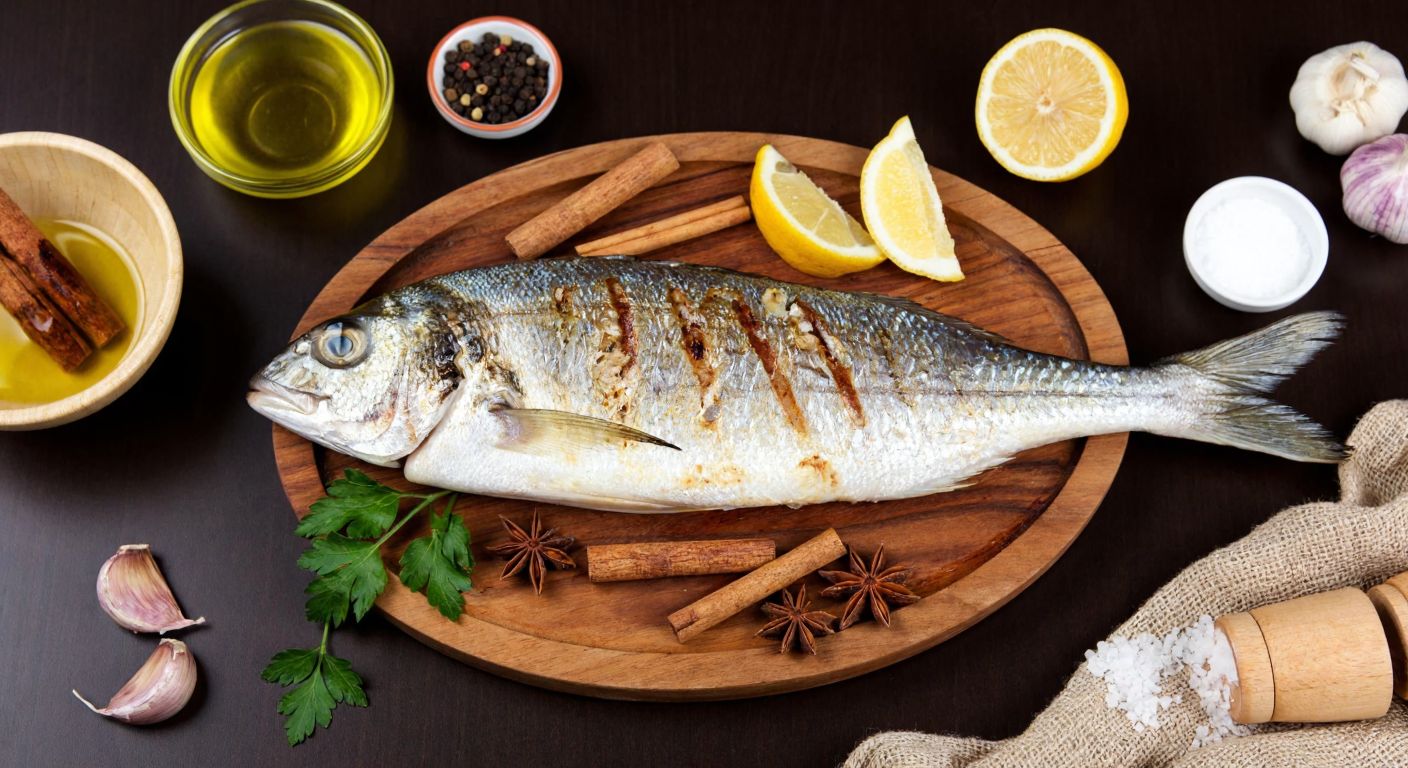A freshly grilled izmarit fish on a rustic wooden platter, garnished with black pepper, cinnamon sticks, and lemon slices, surrounded by small bowls of olive oil, garlic cloves, and sugar, evoking the warmth of a Turkish seaside kitchen.