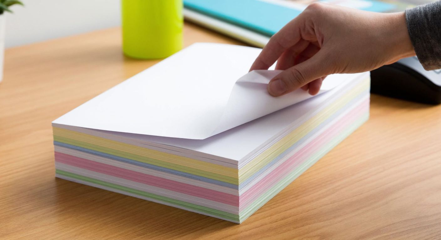 A neatly stacked pile of A6-sized carbonless copy papers in white and pastel colors, resting on a wooden office desk in Turkey, with a hand reaching to separate the top sheet, revealing faint duplicate layers beneath.