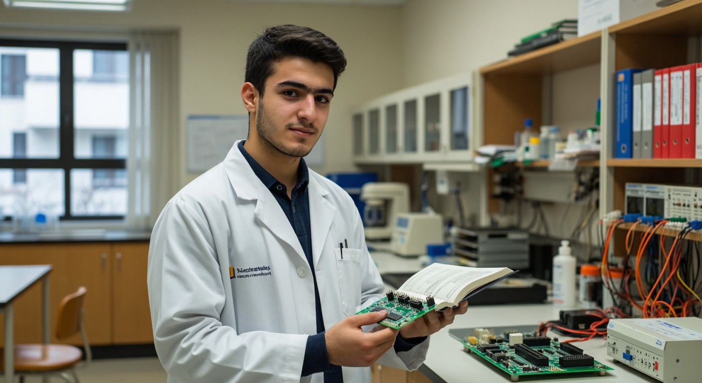 A young Turkish student in a university lab wearing a white coat, holding a circuit board, with an electrical engineering textbook open on the table beside them.  

(Note: The description avoids text, technology representations, and focuses on the most concrete interpretation—engineering—while incorporating Turkish context through the student's appearance and setting.)